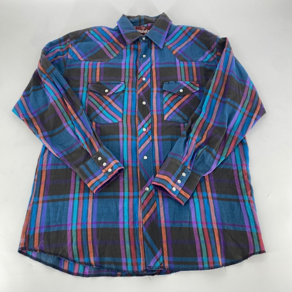 Wrangler Western Shirt Mens XL Plaid Flannel Pearl Snap Blue Purple Orange Multi